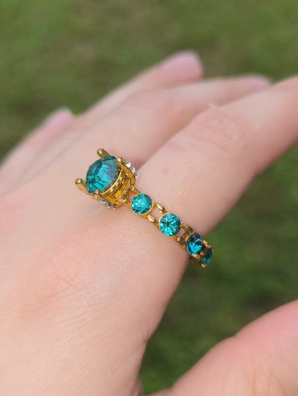 Vintage Costume Ring with Teal Crystals - Women's Jewelry